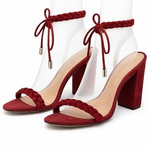 Schutz Lainna Braided Lace-Up Block Heel Sandals Red Suede 8